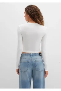 Mavi Long Sleeve White Crop Basic T-Shirt Crop / Short Cut -70057 - Image 6