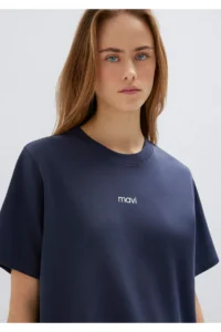Mavi Logo Printed Interlock Navy Blue T-Shirt Loose Fit -85315 - Image 3
