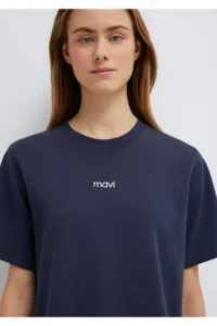 Mavi Logo Printed Interlock Navy Blue T-Shirt Loose Fit -85315 - Image 7