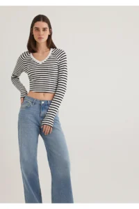 Mavi Long Sleeve Striped Crop Basic T-Shirt Crop / Short Cut -85586