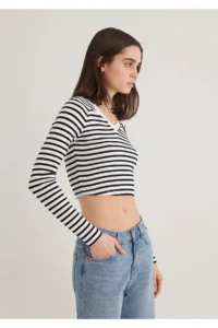 Mavi Long Sleeve Striped Crop Basic T-Shirt Crop / Short Cut -85586 - Image 2