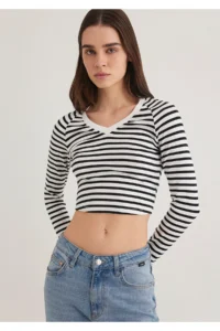 Mavi Long Sleeve Striped Crop Basic T-Shirt Crop / Short Cut -85586 - Image 3