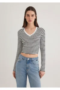 Mavi Long Sleeve Striped Crop Basic T-Shirt Crop / Short Cut -85586 - Image 4