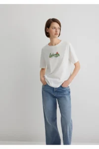 Mavi Cat Printed Ecru T-Shirt Regular Fit / Normal Cut -70057