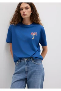 Mavi Cat Logo Printed Navy Blue T-Shirt Loose Fit -82625