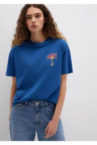 Mavi Cat Logo Printed Navy Blue T-Shirt Loose Fit -82625 - Image 3