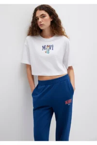 Mavi Cat Logo Printed White T-Shirt Crop / Short Cut -620