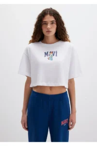 Mavi Cat Logo Printed White T-Shirt Crop / Short Cut -620 - Image 5