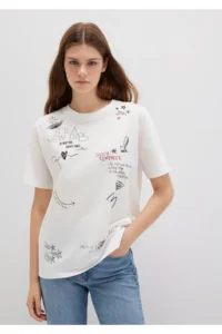 Mavi Printed Ecru T-Shirt Loose Fit -70057