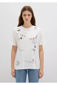 Mavi Printed Ecru T-Shirt Loose Fit -70057 - Image 3