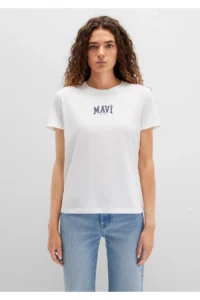 Mavi Logo Printed Ecru T-Shirt Regular Fit / Normal Cut -70057 - Image 3