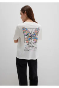 Mavi Butterfly Printed Ecru T-Shirt Regular Fit / Normal Cut -70057 - Image 2