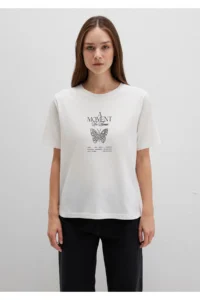 Mavi Butterfly Printed Ecru T-Shirt Regular Fit / Normal Cut -70057 - Image 4