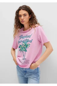 Mavi Beach Printed Pink T-Shirt Regular Fit / Normal Cut -71031 - Image 4