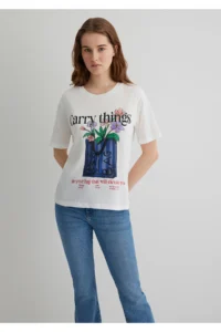 Mavi Floral Printed Ecru T-Shirt Regular Fit / Normal Cut -70057 - Image 3