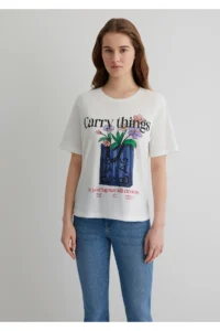 Mavi Floral Printed Ecru T-Shirt Regular Fit / Normal Cut -70057 - Image 4