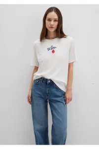 Mavi Planet Printed Ecru T-Shirt Regular Fit / Normal Cut -70057