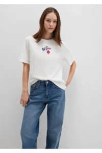 Mavi Planet Printed Ecru T-Shirt Regular Fit / Normal Cut -70057 - Image 3