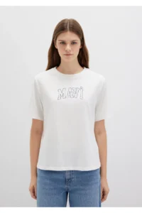 Mavi Logo Printed Ecru T-Shirt Regular Fit / Normal Cut -70057 - Image 3