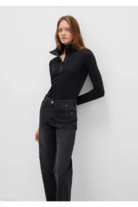 Mavi Button Detailed High Collar Black T-Shirt Fitted -900