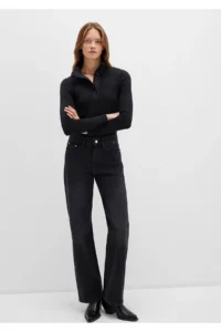 Mavi Button Detailed High Collar Black T-Shirt Fitted -900 - Image 2
