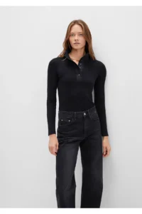 Mavi Button Detailed High Collar Black T-Shirt Fitted -900 - Image 3