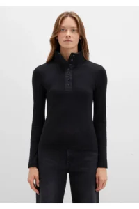 Mavi Button Detailed High Collar Black T-Shirt Fitted -900 - Image 4