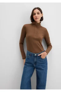 Mavi Button Detailed High Collar Brown T-Shirt Fitted -71590 - Image 2
