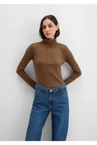 Mavi Button Detailed High Collar Brown T-Shirt Fitted -71590 - Image 3