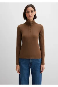 Mavi Button Detailed High Collar Brown T-Shirt Fitted -71590 - Image 4