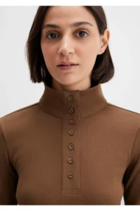 Mavi Button Detailed High Collar Brown T-Shirt Fitted -71590 - Image 6