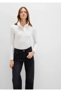 Mavi Button Detailed High Collar Ecru T-Shirt Fitted -70057
