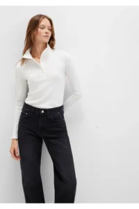Mavi Button Detailed High Collar Ecru T-Shirt Fitted -70057 - Image 2