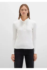 Mavi Button Detailed High Collar Ecru T-Shirt Fitted -70057 - Image 4