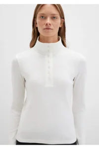 Mavi Button Detailed High Collar Ecru T-Shirt Fitted -70057 - Image 6