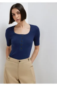 Mavi Buttoned Navy Blue T-Shirt Fitted -70497