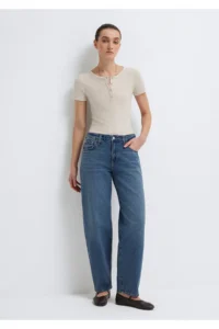 Mavi Semi-Buttoned Beige Basic T-Shirt Fitted -80084 - Image 2
