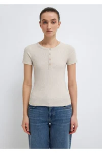 Mavi Semi-Buttoned Beige Basic T-Shirt Fitted -80084 - Image 4