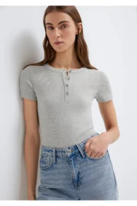 Mavi Semi-Buttoned Gray Basic T-Shirt Fitted -83096
