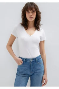 Mavi V Neck White Basic Stretch T-Shirt Fitted - Image 2