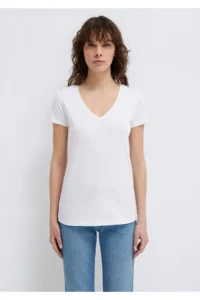 Mavi V Neck White Basic Stretch T-Shirt Fitted - Image 3