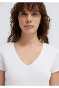 Mavi V Neck White Basic Stretch T-Shirt Fitted - Image 6