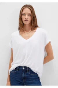 Mavi V Neck White Basic Viscose T-Shirt Loose Fit / Loosely Comfortable Cut - Image 3