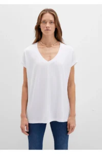 Mavi V Neck White Basic Viscose T-Shirt Loose Fit / Loosely Comfortable Cut - Image 4