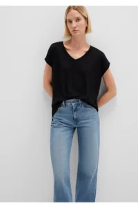 Mavi V Neck Black Basic Viscose T-Shirt Loose Fit / Loosely Comfortable Cut