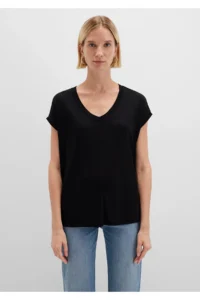 Mavi V Neck Black Basic Viscose T-Shirt Loose Fit / Loosely Comfortable Cut - Image 3