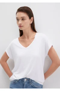 Mavi V Neck White Basic Viscose T-Shirt Regular Fit / Normal Cut - Image 2