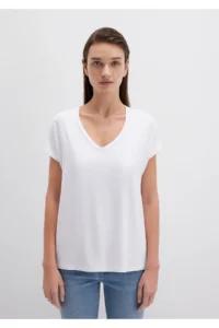 Mavi V Neck White Basic Viscose T-Shirt Regular Fit / Normal Cut - Image 4