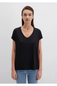 Mavi V Neck Black Basic Viscose T-Shirt Regular Fit / Normal Cut - Image 3