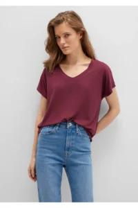 Mavi V Neck Claret Red Basic Viscose T-Shirt Regular Fit / Normal Cut -70393